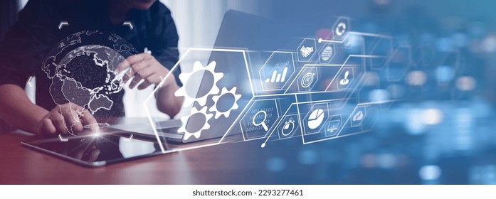 Businessman analyze data to find new marketing strategies to help organizations achieve their goals quickly and efficiently. Global strategy virtual icon. Sustainable business development roadmap. - Powered by Shutterstock