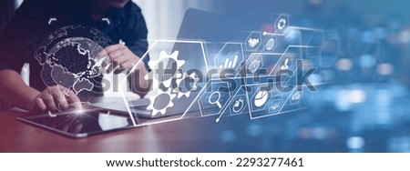 Businessman analyze data to find new marketing strategies to help organizations achieve their goals quickly and efficiently. Global strategy virtual icon. Sustainable business development roadmap.