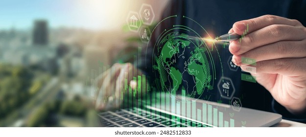 Businessman analyze investment sustainability ESG icons. ESG environmental protection concept, sustainable development, climate change, green energy recycle, Net zero and carbon neutral. - Powered by Shutterstock