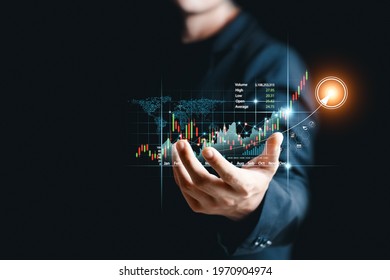 Businessman Analyze Sales Data And Graph Economic Growth. Planning And Business Strategy Analysis Of Forex Trading Finance And Banking. Digital Marketing Technology.