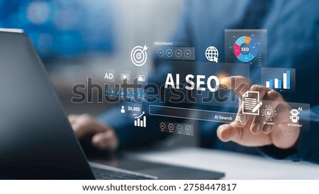 Businessman analyzes data using AI technology to work with tools, AI seo, search, Chat bot, smart robot technology and artificial intelligence concept. AI agent and workflow automation