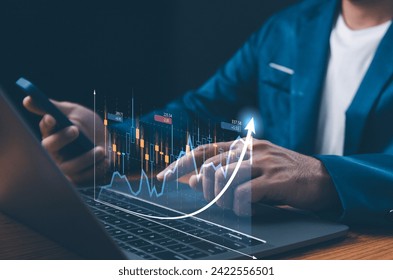 Businessman analyzes financial data, including forex trading graphs, business finance, technology, and investment. Trading, investments in stock markets, funds, and digital assets.