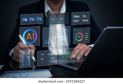 Businessman analyzing AI-powered data visualization with financial charts, analytics, and digital reports. Concept of artificial intelligence, big data, business intelligence, and future technology