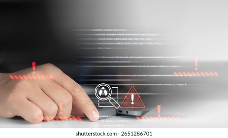 Businessman analyzing code on laptop with virtual bug detection, system error, malware alert, and cybersecurity threat warning icons for software security and vulnerability protection.