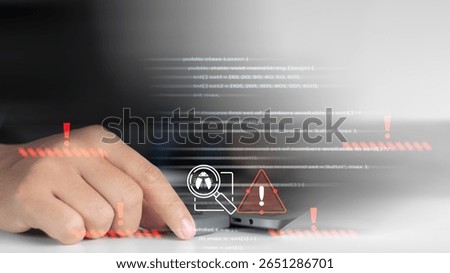 Businessman analyzing code on laptop with virtual bug detection, system error, malware alert, and cybersecurity threat warning icons for software security and vulnerability protection.