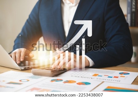 Businessman analyzing company growth, future business growth arrow graph, development to achieve goals, business outlook, financial data for long term investment. Stock fotó © 