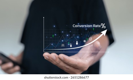 Businessman analyzing conversion rate optimization with digital marketing analytics graph for online business growth, sales performance, and e-commerce success strategy.