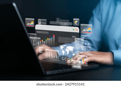 Businessman analyzing data using computer with graph dashboard for data business analysis. Data management with KPI, connectivity, operations, sales, marketing of databases for technology finance. - Powered by Shutterstock