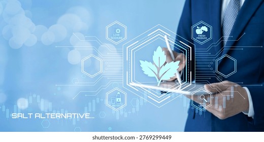 Businessman analyzing digital interface displaying salt alternative concept with icons representing low sodium fresh produce and healthy choices