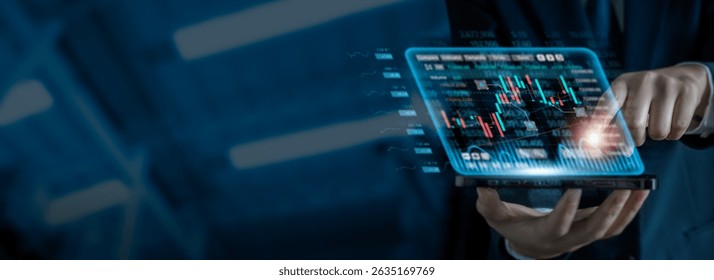 Businessman analyzing digital stock market data on futuristic virtual screen smartphone. Technology concept for online trading, financial investment, and modern finance in digital business environment