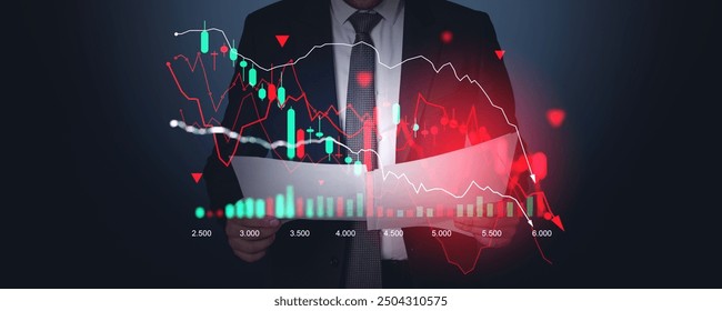 Businessman analyzing financial charts with falling graphs on a dark background, representing a stock market crisis concept