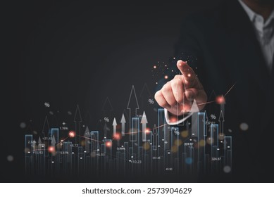 businessman analyzing financial growth charts and pointing at rising bar graphs marketing with futuristic data visualization. investment growth trends, and economic business stock market