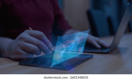 Businessman analyzing a futuristic global map interface. Concept of digital geography, data visualization, and worldwide connectivity.