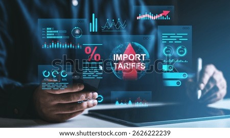 Businessman analyzing import tariffs data with futuristic graphs and charts, digital style, on a dark blurred background, concept of trade war and growth