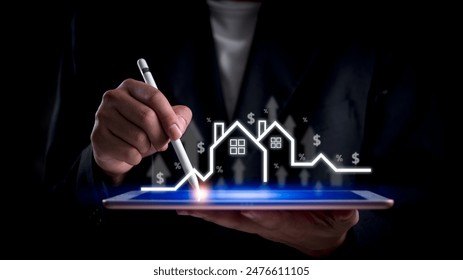 Businessman analyzing real estate market growth on digital tablet. Represents property investment, housing market analysis, financial planning. Ideal for real estate, economic strategy visuals. - Powered by Shutterstock - Get 15% off with code: PIKWIZARD15