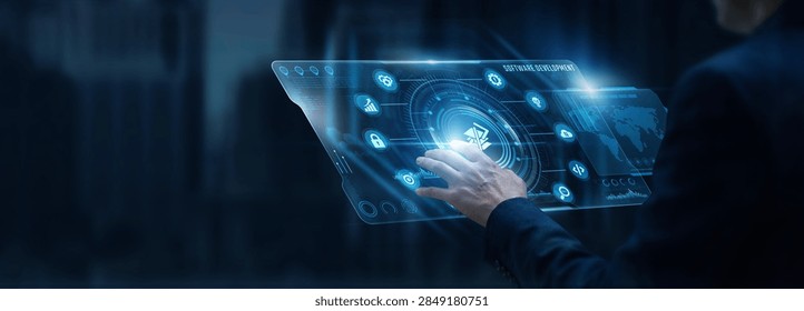 Businessman analyzing Software development and code repository framework data on digital screen. Programming language architecture, agile software release, bug fixes, system engineering.