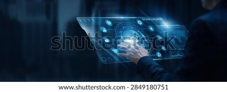 Businessman analyzing Software development and code repository framework data on digital screen. Programming language architecture, agile software release, bug fixes, system engineering.