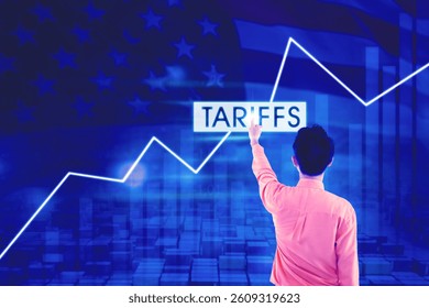 Businessman Analyzing Tariff Impact with Digital Interface and U.S. Trade Background