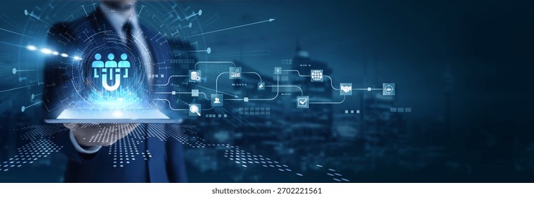 Businessman analyzing using tab data on lead generation. Marketing analytics, conversion optimization, audience targeting, sales funnel, and digital growth strategy.