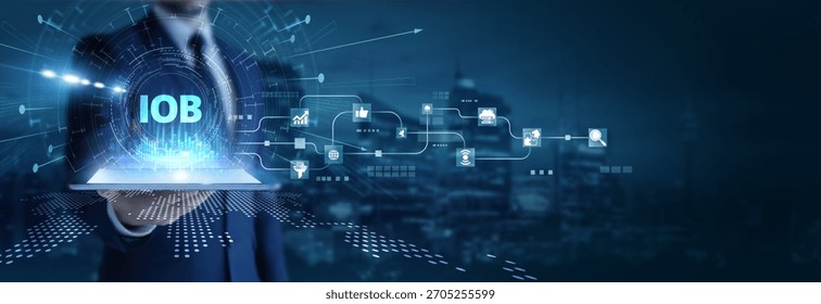 Businessman analyzing using tab data on Internet of Behaviors. User data analytics, behavioral patterns, AI prediction, digital marketing, and consumer insight analysis.