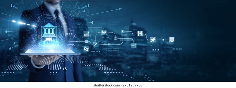 Businessman analyzing using tab data on e-governance. Digital administration, citizen services, online transparency, public sector innovation, and government IT solutions.