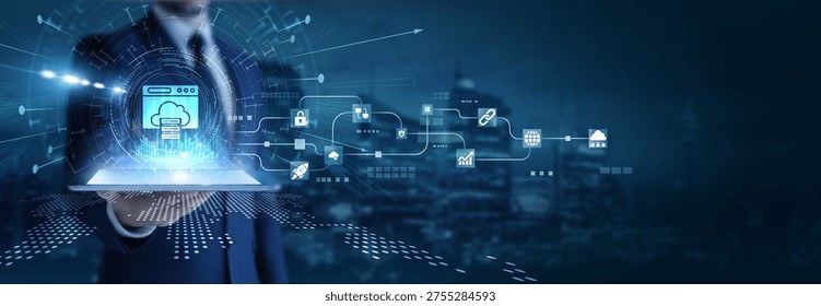 Businessman analyzing using tab data on web hosting. Server management, cloud deployment, domain configuration, uptime monitoring, and digital performance optimization.