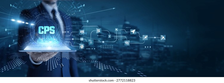 Businessman analyzing using tab data on CPS. Smart systems, automation technology, IoT integration, real-time control, industrial innovation, and intelligent manufacturing.