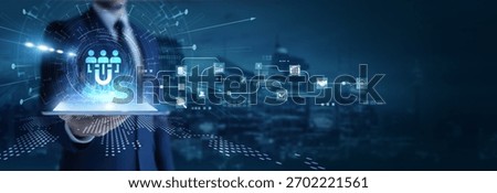 Businessman analyzing using tab data on lead generation. Marketing analytics, conversion optimization, audience targeting, sales funnel, and digital growth strategy.