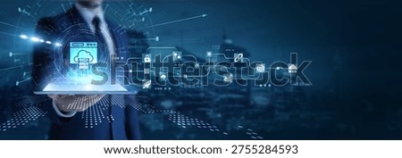 Businessman analyzing using tab data on web hosting. Server management, cloud deployment, domain configuration, uptime monitoring, and digital performance optimization.