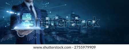 Businessman analyzing using tab data on web development. Coding frameworks, responsive platforms, database integration, and digital interface innovation.