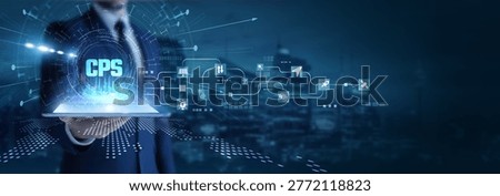 Businessman analyzing using tab data on CPS. Smart systems, automation technology, IoT integration, real-time control, industrial innovation, and intelligent manufacturing.