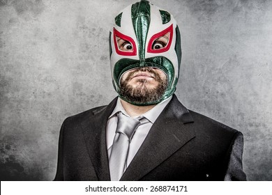 Businessman Angry With Mexican Wrestler Mask