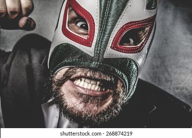 Businessman Angry With Mexican Wrestler Mask