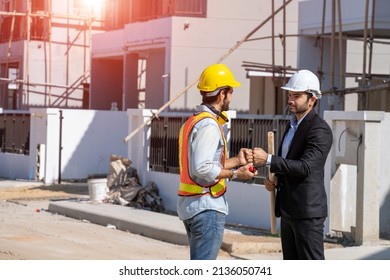 Businessman And Architect Shake Hand Success At Construction Site, Partnership, Teamwork, Community, Connection Industrial And Investment Concept.