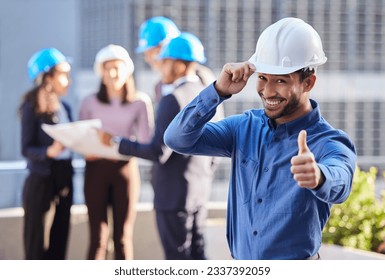 Businessman, architect and thumbs up in construction for winning, success or teamwork on site. Portrait of happy man or engineer smile with thumb emoji, yes sign or like for approval in architecture - Powered by Shutterstock