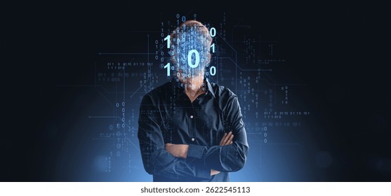 Businessman with arms crossed and face covered in binary codes, futuristic digital art style, dark background, concept of digital identity and technology