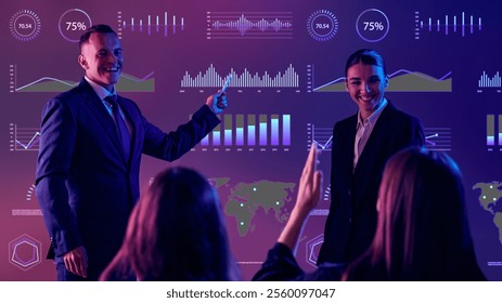 Businessman an is assistant in front of graph, confidently presenting on data fluctuations. Neon light. Concept of presentation, training, meeting, leadership, analysis. Copy space for ad. - Powered by Shutterstock