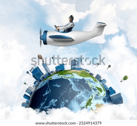 Businessman in aviator leather hat driving propeller plane. Traveling around the world by airplane. Funny man flying in small airplane in blue sky with clouds. Earth planet with modern cityscape.