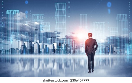 Businessman back view with New York Manhattan skyline mirrored. City buildings wireframe, skyscrapers in matrix. Concept of futuristic technology, business in metaverse - Shutterstock ID 2306407799