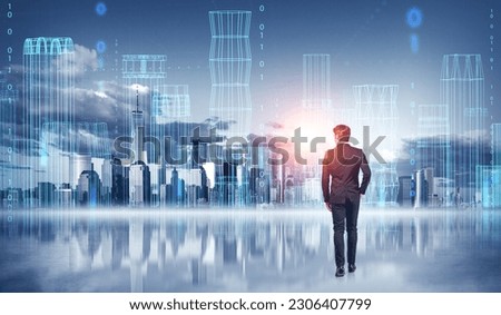 Businessman back view with New York Manhattan skyline mirrored. City buildings wireframe, skyscrapers in matrix. Concept of futuristic technology, business in metaverse