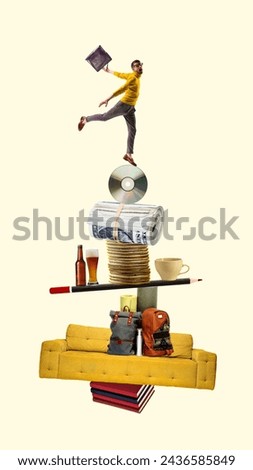 Businessman balancing on working items, money and travelling backpacks. Man in harmony with work and hobby. Conceptual contemporary art collage. Concept of work-life balance, time management