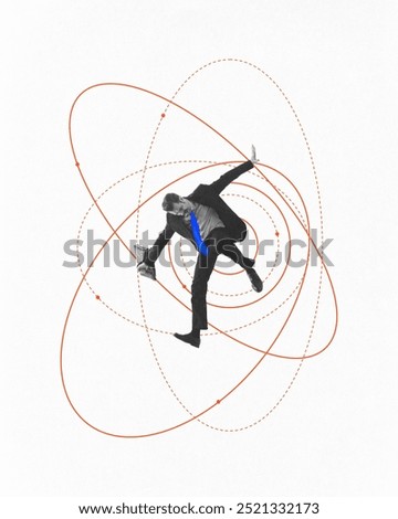 Businessman balancing within atomic-like loops symbolizes the intricate connection between business, strategy, and technological innovation. Cotemporary art collage. Concept of business and technology