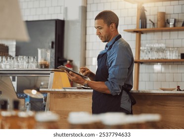 Businessman, barista and digital with tablet for cafe, online service or stock management with scroll. Coffee shop, male person and owner with technology for inventory tracking, menu web or checklist - Powered by Shutterstock