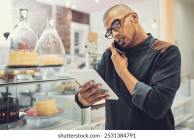 Businessman, barista and multitasking with phone call or tablet for order, online enquiry or purchase at coffee shop. Man, employee or waiter with mobile smartphone or technology for service at cafe - Powered by Shutterstock