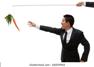 Businessman Being Tempted And Reaching For A Carrot At The End Of A Stick