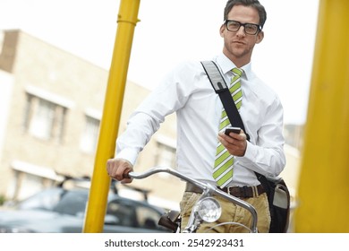 Businessman, bicycle and phone with portrait in city for eco friendly travel with app for navigation in traffic. Person, bike and smartphone with search, direction and sustainable transport in Italy - Powered by Shutterstock