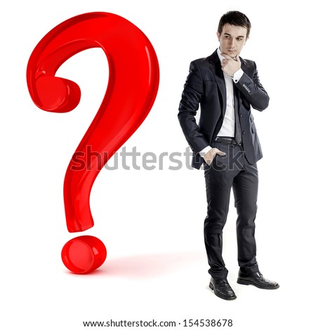 businessman and a big question mark, on white