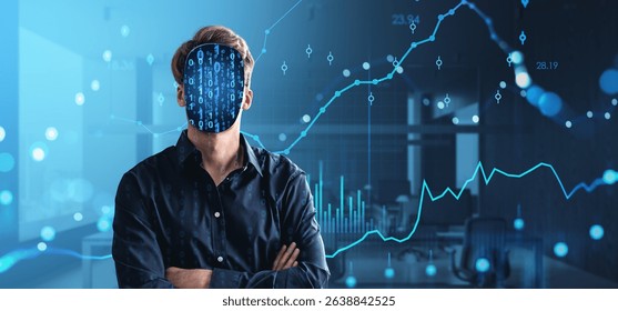 Businessman with binary code face in modern office, digital style, dark background, concept of AI in finance and data analysis - Powered by Shutterstock - Get 15% off with code: PIKWIZARD15