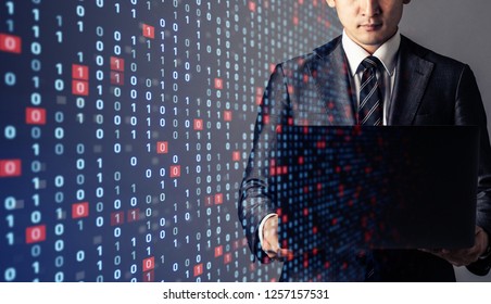 Businessman And Binary Codes. Network Security Concept.