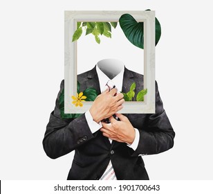 Businessman In Black Suit With Picture Frame, And Flowers With Leaves. Digital Collage Modern Art